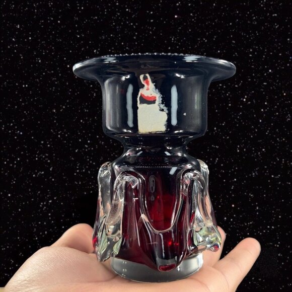 Poland Glass Other - Polish Art Glass Red W Clear Swirls Vase Single Candle Holder From Poland VTG